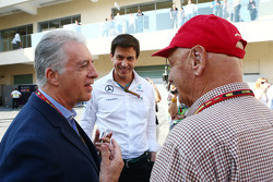 (L to R): Piero Ferrari, Ferrari Vice-President with Toto Wolff, Mercedes AMG F1 Shareholder and Executive Director and Niki Lauda, Mercedes Non-Executive Chairman