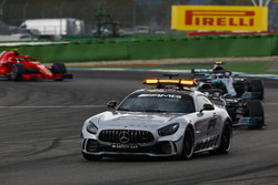 The Safety Car leads Lewis Hamilton, Mercedes AMG F1 W09, Valtteri Bottas, Mercedes AMG F1 W09, and Kimi Raikkonen, Ferrari SF71H