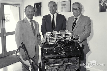 400th Ford Cosworth DFV F1 Engine: Mike Costin, Keith Duckworth, Walter Hayes.