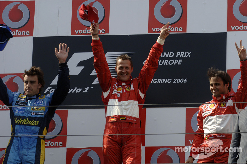 2006. Нюрбургрінг. Подіум: 1. Міхаель Шумахер, Ferrari. 2. Фернандо Алонсо, Renault. 3. Феліпе Масса, Ferrari