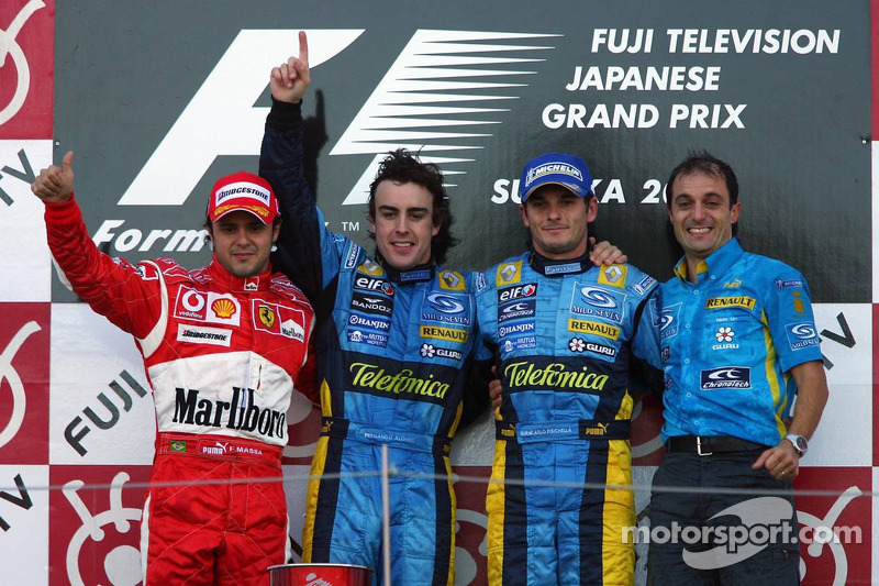 Podium: race winner Fernando Alonso with Felipe Massa, Giancarlo Fisichella and Frederic Lom