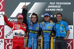 Podium: race winner Fernando Alonso with Felipe Massa, Giancarlo Fisichella and Frederic Lom