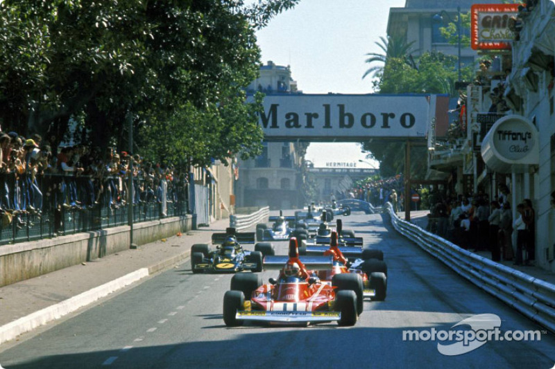 First lap: Clay Regazzoni leads Ferrari teammate Niki Lauda