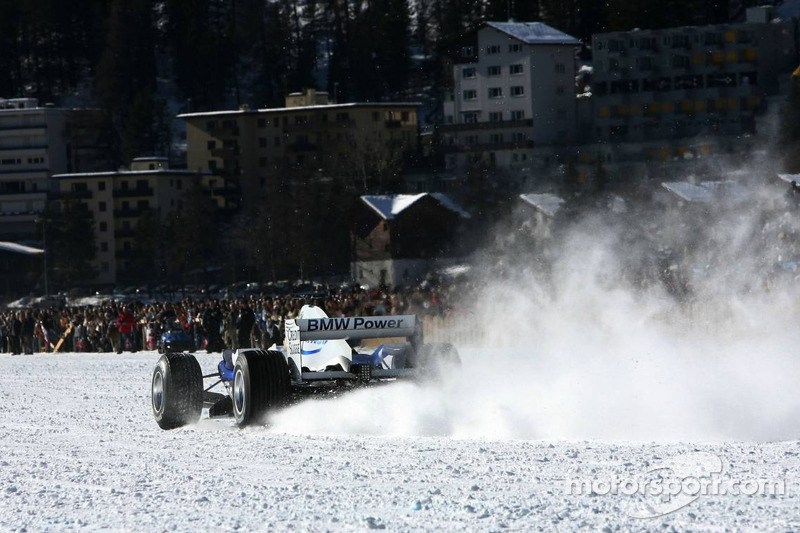 Nick Heidfeld drives a BMW Sauber F1 on the St Moritz horse racing on special spike tyres from Bridgestone