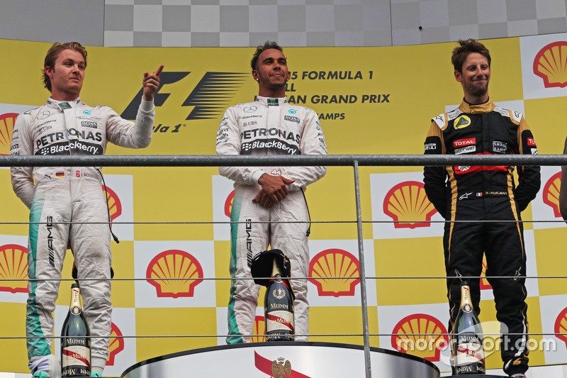 2015: 1. Lewis Hamilton, 2. Nico Rosberg, 3. Romain Grosjean
