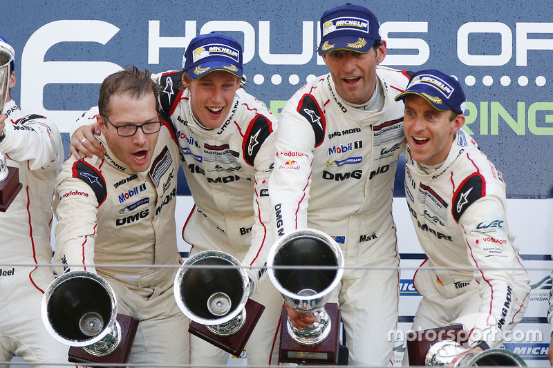 Podium: winners Timo Bernhard, Mark Webber, Brendon Hartley, Porsche Team