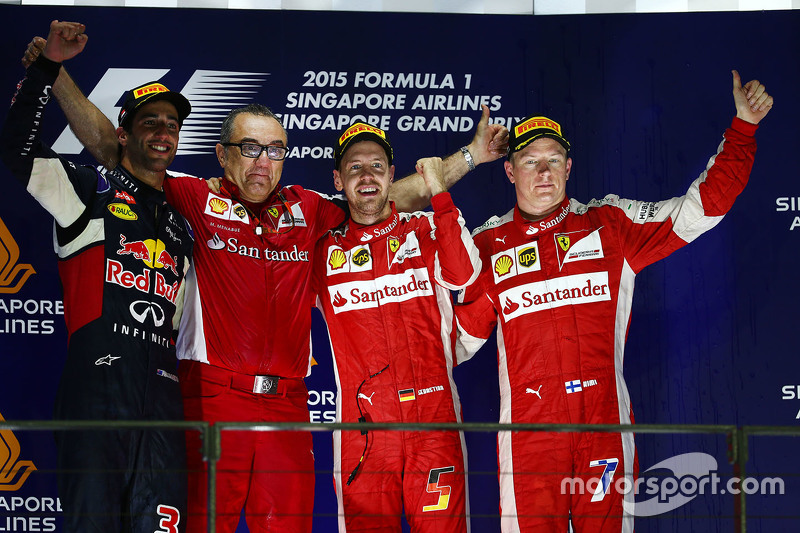 Podium : le vainqueur Sebastian Vettel, Ferrari, le deuxième, Daniel Ricciardo, Red Bull Racing, le troisième, Kimi Raikkonen, Ferrari