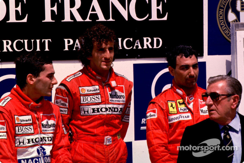 Podium : le vainqueur Alain Prost avec Ayrton Senna et Michele Alboreto