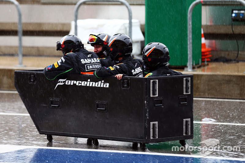 The Sahara Force India F1 Team have some fun in the pits