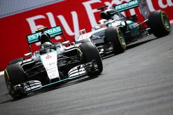 Nico Rosberg, Mercedes AMG F1 W06 leads team mate Lewis Hamilton, Mercedes AMG F1 W06