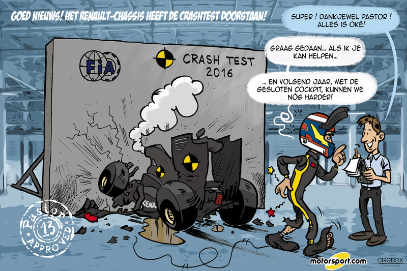 Cartoon van Cirebox - Pastor Maldonado doet Renault-crashtest