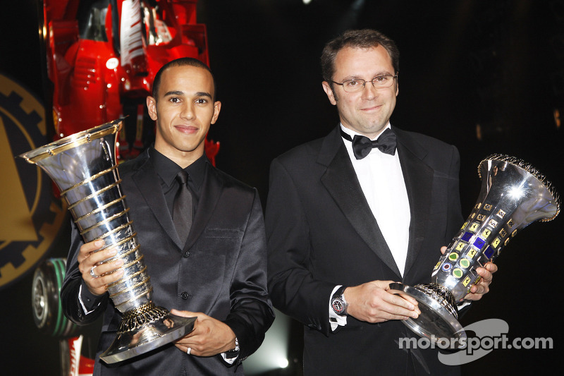 Lewis Hamilton, 2008 FIA Formula 1 World Champion, and Stefano Domenicali, winning constructor, Ferrari team principal