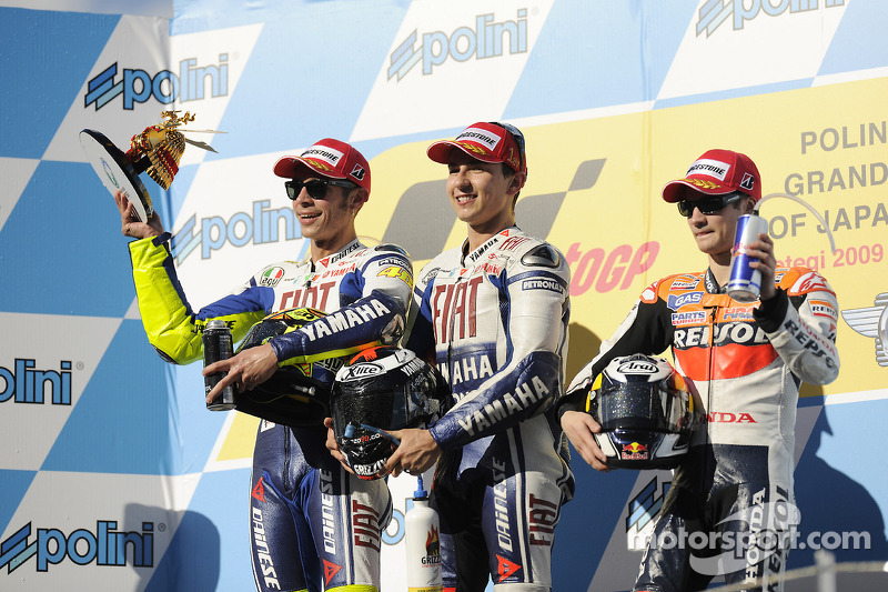 2009 podium with winner Jorge Lorenzo, Valentino Rossi and Dani Pedrosa